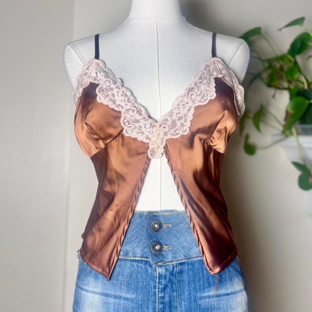 Indie Festival Boho Tank brown satin cami lace rodeo western